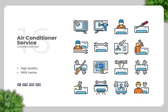 Air Conditioner Service Color Icons for Graphics and Icons