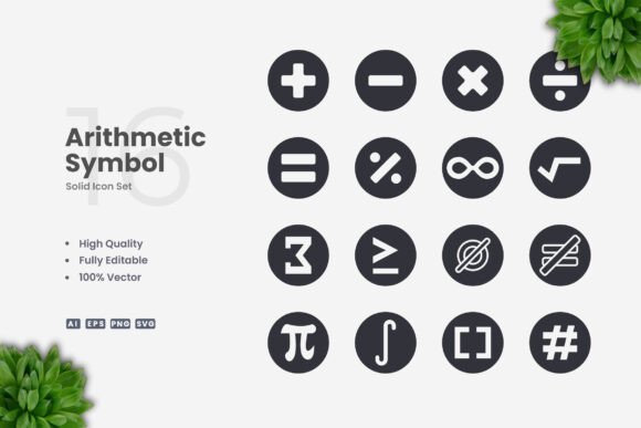Arithmetic Symbol Solid Icons for Graphics and Icons