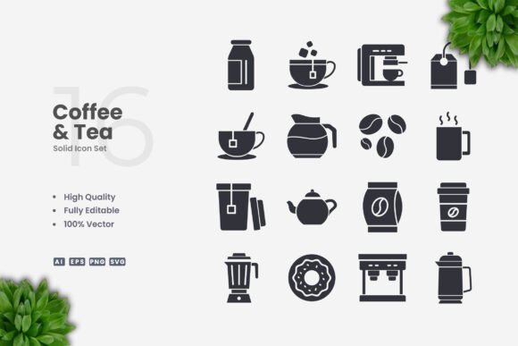 Coffee and Tea Solid Icons for Graphics and Icons