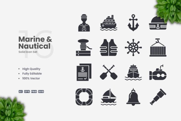 Marine and Nautical Solid Icons for Graphics and Icons